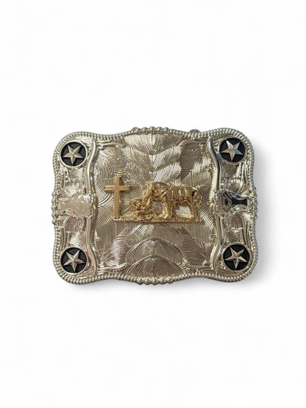 Western Silver Tone Decorative Buckle with Gold Accents